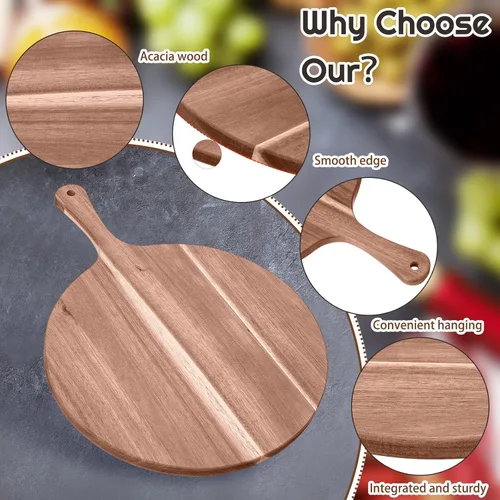 Vista 3 de 2 tablas redondas de madera para cortar pizza charcutería de 16 x 12 pulgadas, tabla de servir de acacia, paleta de queso de cáscara de madera