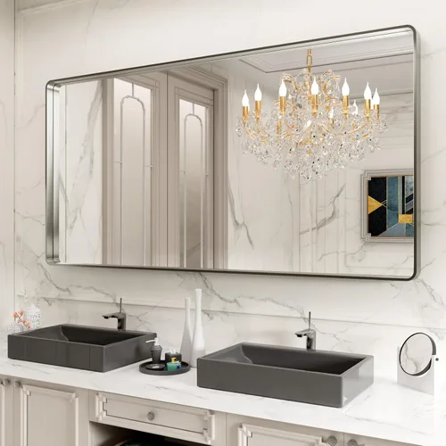 Vista 65 de LOAAO 20x16 Pulgadas Espejo de Baño con Marco de Metal Negro para Pared, Espejo de Tocador de Baño de Estilo Granja, Espejo Grande Rectangular