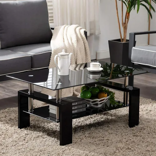Vista 6 de Mesa de centro de cristal, mesa central rectangular de 2 niveles