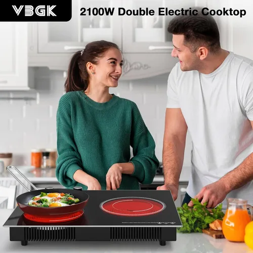 Vista 2 de VBGK Cocina eléctrica, 2100 W empotrada y encimera, 2 quemadores, estufa eléctrica con 10 niveles de calefacción, temporizador y bloqueo