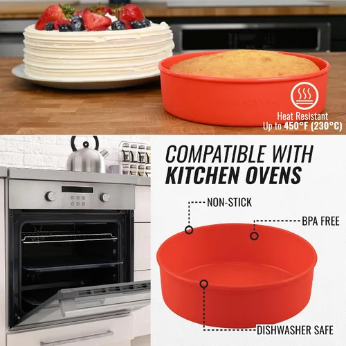 Vista 3 de INFRAOVENS Moldes redondos de silicona para pasteles y cupcakes – Moldes antiadherentes para hornear con tabla de conversión de cocina y folleto