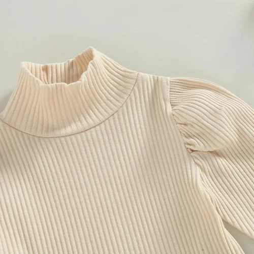 Vista 4 de Fernvia Conjunto de falda de otoño e invierno para niña pequeña, camiseta de manga larga acanalada con cuello alto y falda a cuadros, vestido de 2