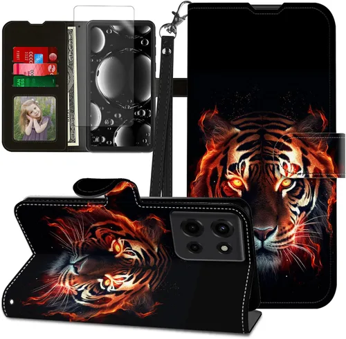 Vista 254 de Funda para Motorola Edge 2022 con protector de pantalla, soporte y tarjetero y correa para la muñeca, funda magnética para Moto Edge 2022 5G UW Lobo