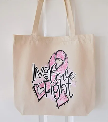 Vista 4 de Live, Love, Fight Breast Cancer Awareness Reusable Grocery Bag - Canvas Tote Bag, 12 Ounce Heavy Natural Canvas bag 17 34" W x 15 34" H x 6 14" D
