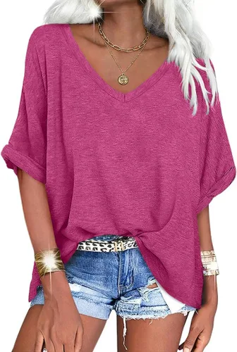 Vista 10 de UNCLECAT Camisetas de gran tamaño con cuello en V para mujer, camisas de manga corta de verano, holgadas, casuales
