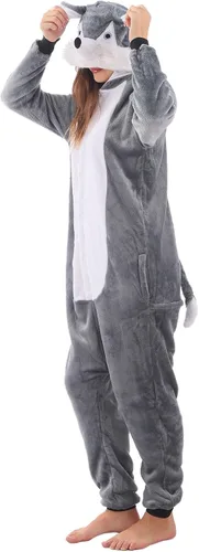 Vista 3 de ZOBAYOP Pijama unisex con capucha de animales para adultos para mujeres y hombres, disfraz de Halloween, cosplay, husky