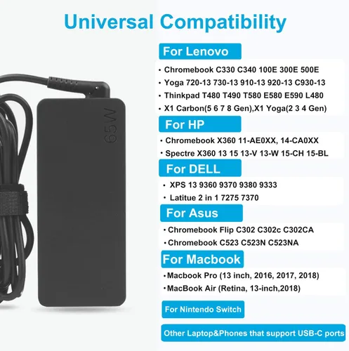 Vista 3 de Adaptador de CA USB C de 65 W para Thinkpad X1 Carbon (5ª 6ª 7ª 8ª generación), Thinkpad X1 Yoga (2ª 3ª 4ª generación), cable de fuente