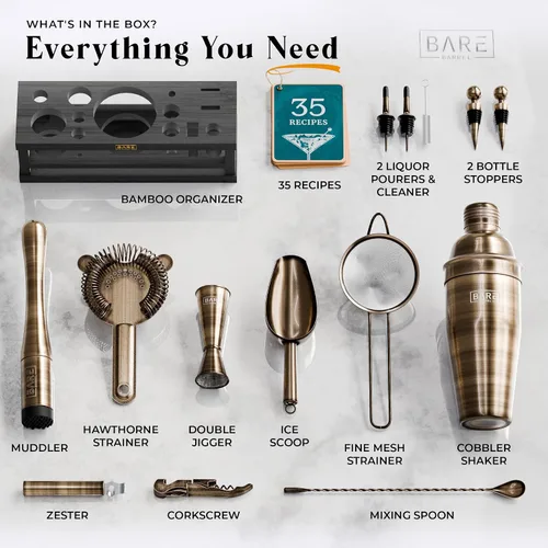 Vista 4 de BARE BARREL® Mixology Bartender Kit Bar Set Juego de coctelera de 16 piezas Herramientas de mezcla de Martini Barware para el hogar Incluye 35