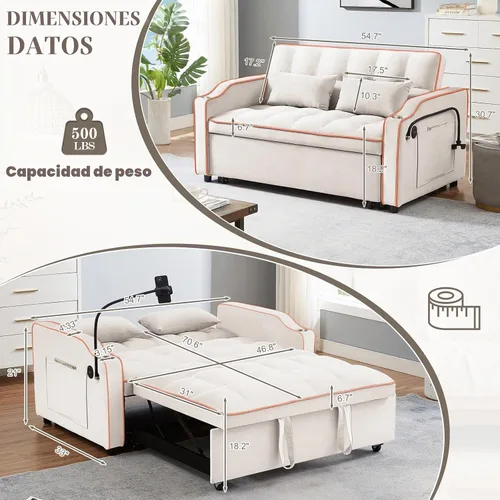 Vista 6 de JEEOEHY - Sofá cama convertible 3 en 1, sofá cama extraíble de terciopelo con puerto USB y tipo C, cómodo futón loveseat con respaldo ajustable