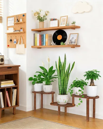 Vista 7 de Estante de plantas cóncavo de interior, soporte de plantas ovalado deformable de 3 niveles, soporte largo para macetas para múltiples plantas