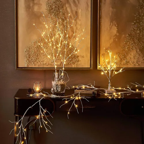 Vista 7 de Hairui Guirnalda de abedul iluminada, funciona con pilas, con 8 funciones, 48 luces blancas cálidas y multicolor, de 6 pies, guirnalda preiluminada