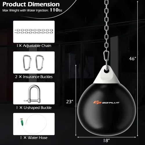 Vista 4 de Goplus Bolsa de Agua Aqua, Bolsa de Boxeo Pesada de 180 Libras de 21 Pulgadas / 110 Libras de 18 Pulgadas con Cadena Metálica Ajustable, Manguera