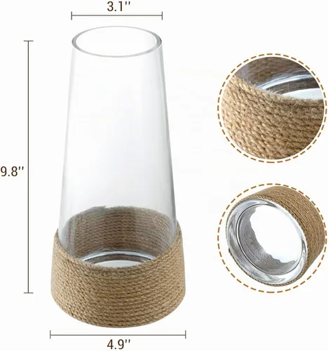 Vista 5 de MyGift Florero rústico de cristal transparente con cuerda de cáñamo tejida a mano, jarrón decorativo para decoración de casa de campo, bohemio