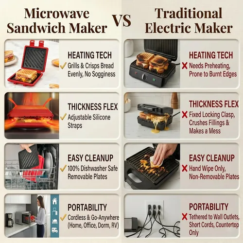 Vista 5 de Sandwichera para microondas, tostadora de microondas con correa de silicona ajustable, extraíble antiadherente para microondas a la parrilla