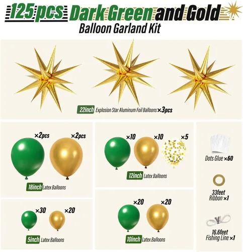Vista 2 de Kit de arco de globos verdes y dorados con 3 globos de estrella verde