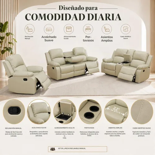 Vista 3 de Juego de sofá reclinable manual de 3 piezas, juego de muebles de sala de estar de tela beige con sofá reclinable de 3 asientos, sofá biplaza
