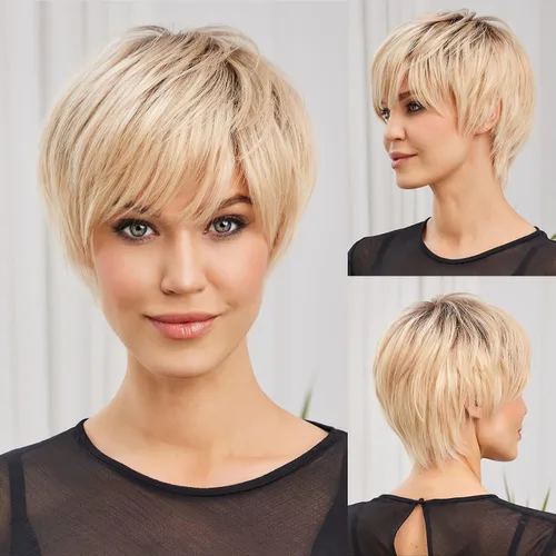 Vista 8 de HAIRCUBE Pelucas rubias de corte Pixie para mujer, estilo ondulado natural, peluca de encaje sintético resistente al calor con parte superior