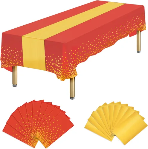 Vista 8 de Paquete de 10 manteles rectangulares de plástico y camino de mesa de satén, mantel desechable negro rectangular y dorado para cumpleaños