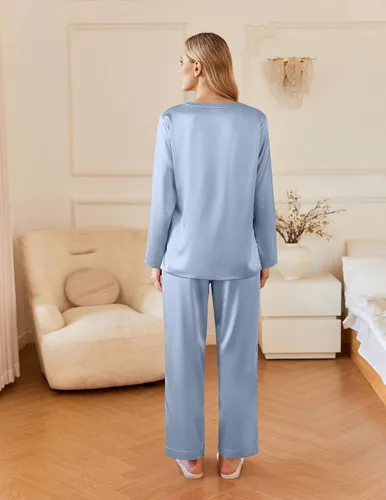 Vista 4 de Ekouaer Pijamas de seda para mujer, conjunto de 2 piezas, pijamas de satén, de manga larga, con botones, cómodos conjuntos de descanso