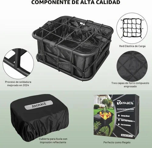 Vista 5 de RAYMACE Cesta trasera para bicicleta con red de carga y forro Cesta grande para bicicleta, montaje perfecto para bicicleta eléctrica Large Bicycle