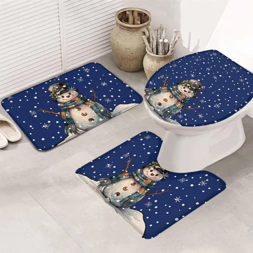 Vista 4 de Juego de 3 alfombras de baño navideñas de invierno, muñeco de nieve, copo de nieve, azul marino, antideslizantes, tapete absorbente de contorno