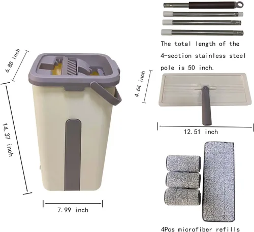 Vista 6 de Juego de trapeador plano y cubo con escurridor para limpieza de pisos, separa el agua sucia y limpia, trapeador limpiador de pared, 4 almohadillas