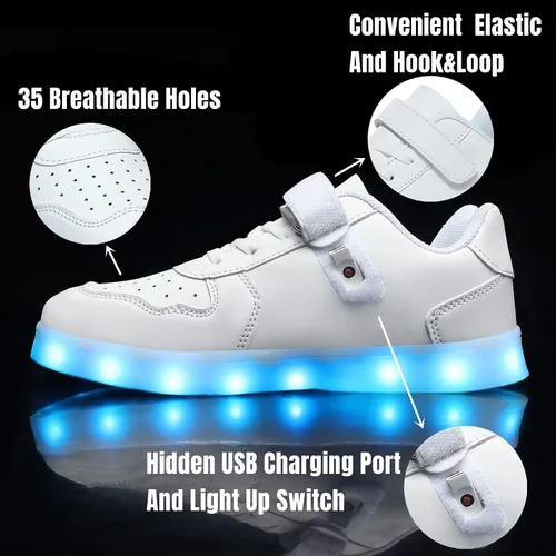Vista 2 de Wooowyet Kids LED Sneakers for Boys Hook&Loop Low Light Up Shoes LED Girls USB Recharging