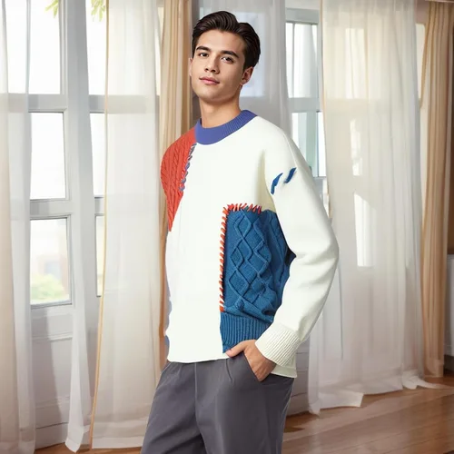 Vista 4 de GURUNVANI Suéter de retazos para hombre con bloque de color, jersey de punto trenzado de gran