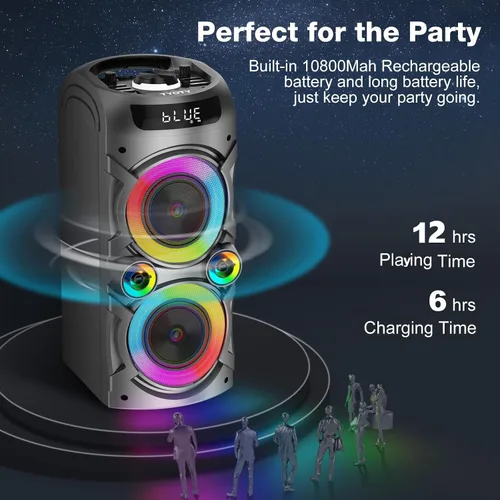 Vista 4 de Máquina de karaoke con 2 micrófonos inalámbricos, sistema de PA portátil, gran altavoz Bluetooth con luces LED, control remoto, compatible
