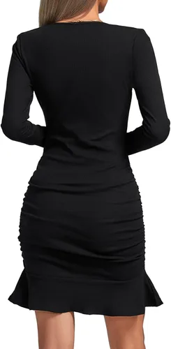 Vista 2 de Umenlele Minivestido corto casual con cuello en V para mujer, manga larga, acanalado, fruncido, dobladillo con volantes