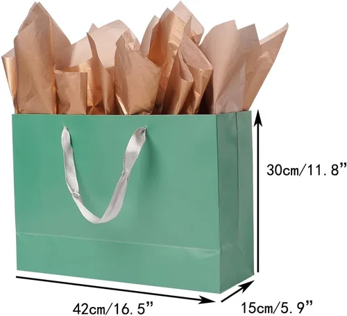 Vista 3 de ysmile Bolsa de regalo verde extra grande individual con papel de envoltura para mujeres 16.5 "Bolsa de papel preminum con asa