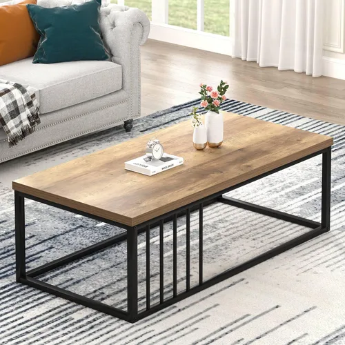 Vista 14 de FOLUBAN Mesa de café, moderna mesa de sala de estar de madera y metal, mesa de té rectangular industrial, marrón rústico, 43.3 pulgadas