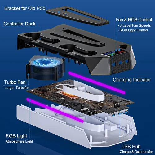 Vista 8 de PS5/PS5-Slim-Estación de refrigeración con controlador de carga para consola PlayStation 5/Digital, soporte de refrigeración de luz LED