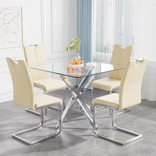 Vista 29 de Juego de mesa de comedor de 36 pulgadas para 4, moderna parte superior cuadrada de vidrio templado, mesa de patas de acero inoxidable con acabado