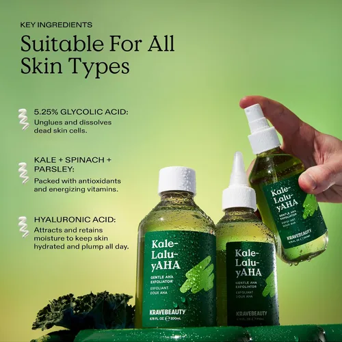 Vista 7 de KraveBeauty Kale-Lalu-yAHA Tónico exfoliante suaviza la textura, unifica el tono de la piel y desobstruye los poros, exfoliante líquido suave AHA