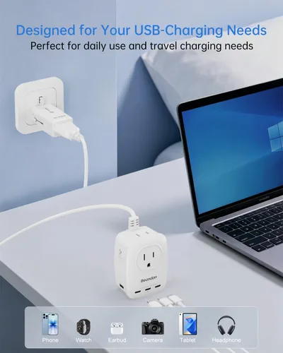 Vista 5 de BEONDON Adaptador de enchufe de viaje europeo, regleta de alimentación de 3 pies con 5 puertos USB (3 USB-C) y 2 puertos de CA, enchufes JP UK EU AU