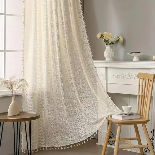Vista 24 de Deeprove - Cortinas bohemias de 63 pulgadas de largo para dormitorio, rayas de lunares de punto hueco beige y patchwork de algodón y lino crema