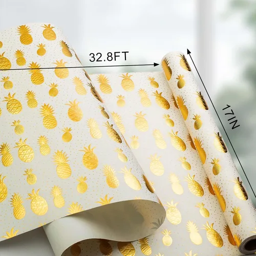 Vista 7 de Flyhill - Rollo de papel kraft de piña en lata - 17 pulgadas X 33 pies - Diseño de papel de regalo con piña 3D en relieve metálico dorado