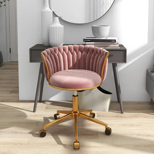 Vista 11 de Silla de escritorio de terciopelo, moderna silla de oficina con ruedas, sillón giratorio de tocador para el hogar con respaldo tejido, asiento