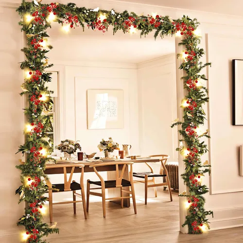 Vista 6 de Mosoan Guirnalda de 30 luces LED de Navidad de 10 pies, funciona con pilas, 2 modos de luz, guirnalda de bayas rojas iluminadas para árbol