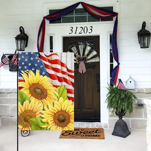 Vista 6 de Hzppyz Bandera patriótica de jardín de primavera y verano con girasoles del 4 de julio, Día de los Caídos, decoración para exteriores de doble cara