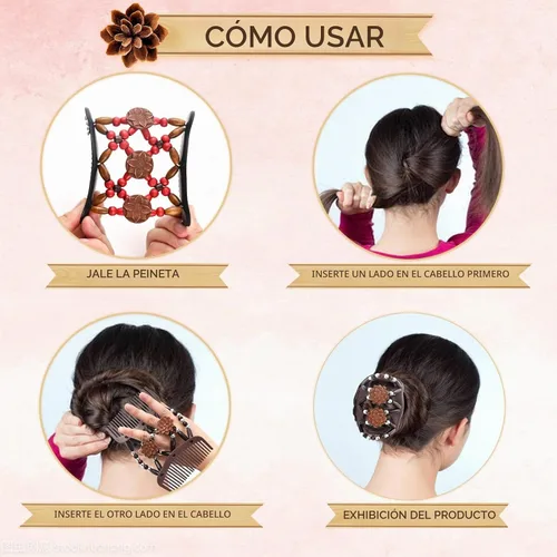 Vista 4 de Yeshan Peines Mágicos para el Cabello para Mujeres con Cuentas de Madera Elásticos Extensibles Dobles Peines Laterales Ajustables Clips Elásticos