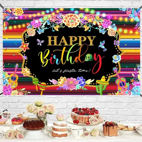 Vista 2 de Fondo de fotografía de fondo de fiesta mexicana para fiesta de cumpleaños feliz cumpleaños suministros de fiesta carnaval banderas coloridas banner