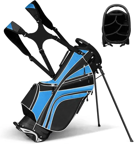 Vista 11 de Bolsa de golf Tangkula con 6 divisores superiores, bolsa de golf ligera con doble correa ajustable y 8 bolsillos, capucha impermeable para lluvia