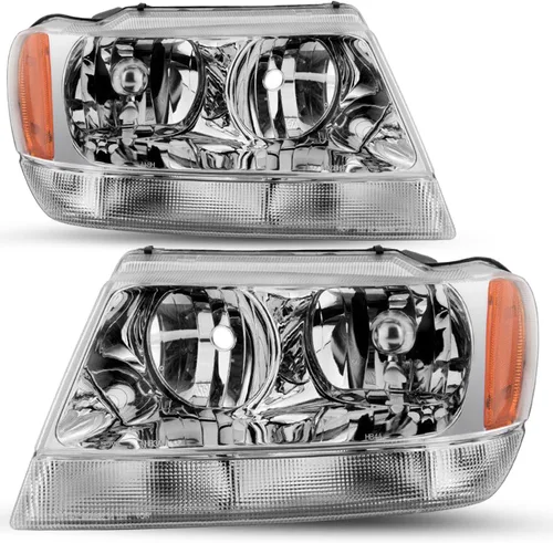 Vista 11 de SOCKIR Conjunto de faros delanteros compatible con Jeep Grand Cherokee 1999-2004 halógeno (carcasa negra, parte inferior ámbar, con bombillas)