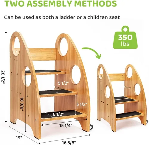 Vista 4 de StrongTek - Taburete con ruedas y asas de seguridad, torre de pie de madera de 3 niveles, silla convertible con escalones antideslizantes, capacidad