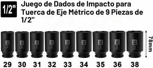 Vista 2 de Mayouko Juego de dados de impacto profundo de 1/2 pulgada, 9 piezas, 1.142-1.496 in, tuercas de eje métrico, profundo, 6 puntos, CR-MO