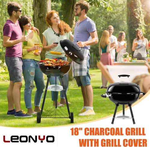 Vista 2 de Leonyo - Parrilla de carbón portátil de 18 pulgadas, ahumador redondo con ruedas y tapa esmaltada de porcelana para cocinar al aire libre