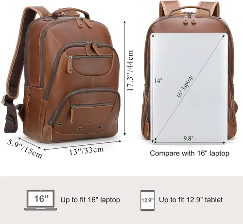 Vista 5 de TIDING Mochila de cuero para hombre para laptop de 16 pulgadas y 15.6 pulgadas, bolsa de trabajo vintage de viaje de negocios, mochila grande