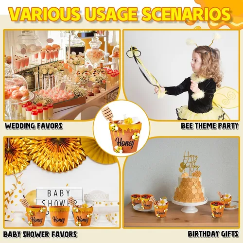 Vista 3 de Meekoo - Juego de 16 mini macetas de abeja con cubos de madera, tarros de miel para maceteros de cupcakes, chips de chocolate, temática de abeja
